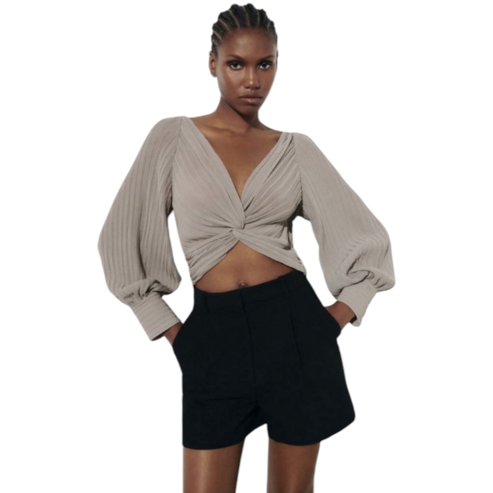 ZARA Taupe Silky New w/Tags Crop Knotted Pleated Blouse Top S